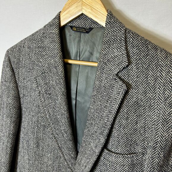 Vintage Marshall & Reed Harris Tweed Black Gray Herringbone Sport Coat Size 42 - Picture 3 of 15